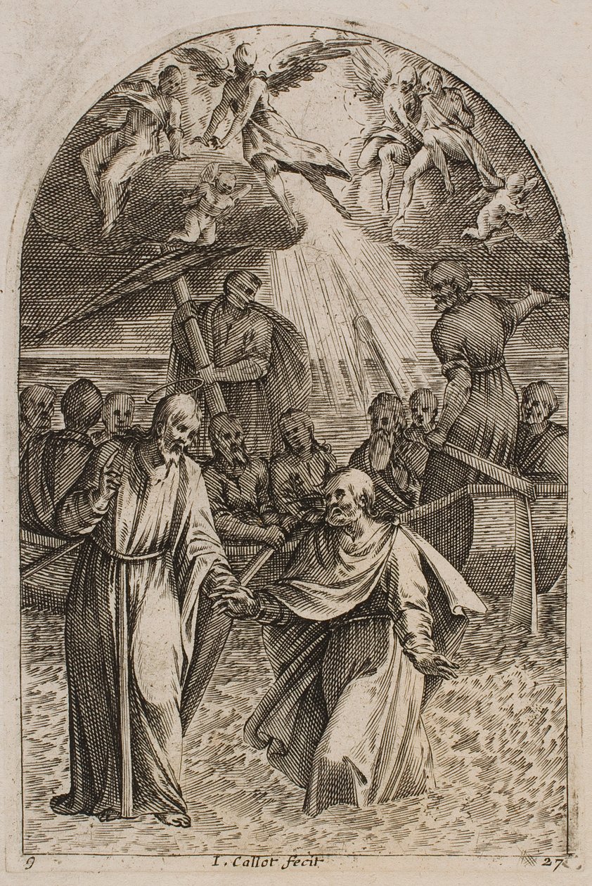 Jézus és Szent Péter a vízen járnak, a „Római képek” sorozatból alkotó: Jacques Callot