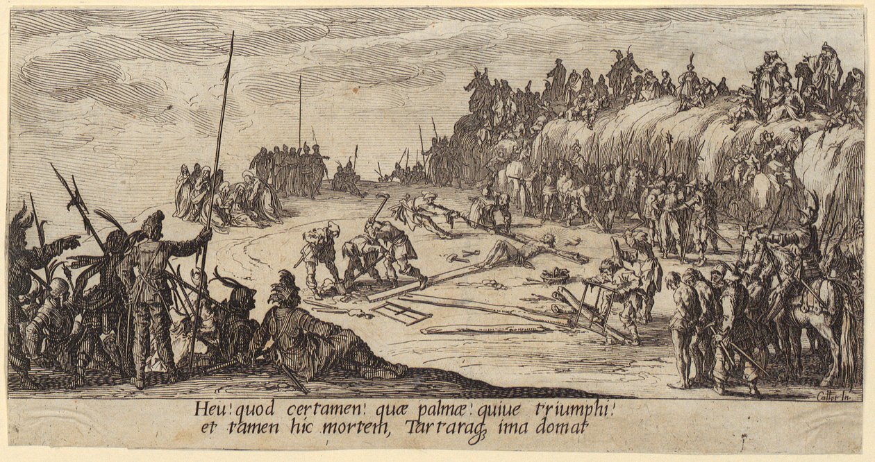Keresztre feszítés, a „A nagy passió” sorozat 7. lapja alkotó: Jacques Callot