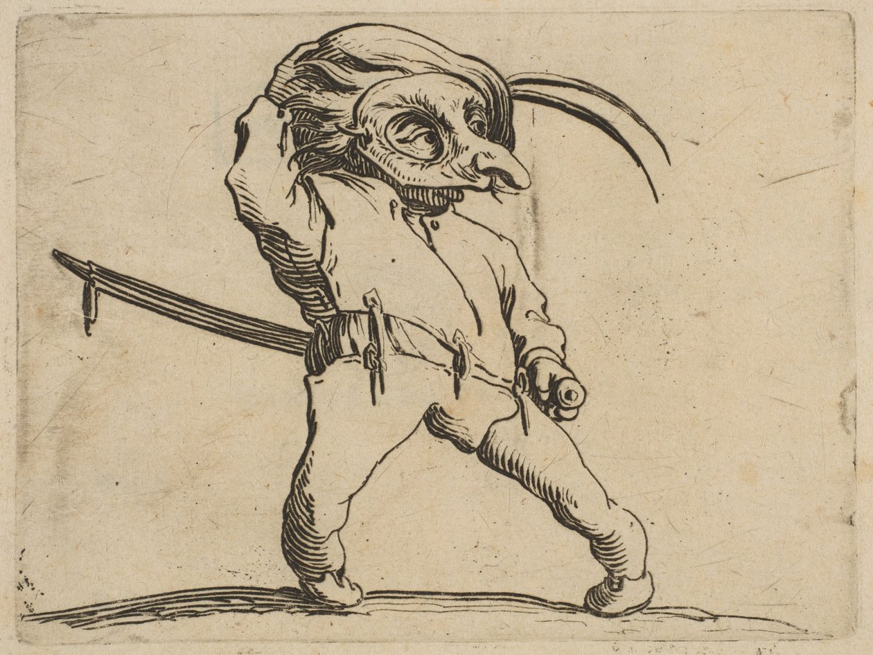 Az álarcos férfi görbe lábbal, a Varie-ból ... ábra, 1616-22. alkotó: Jacques Callot