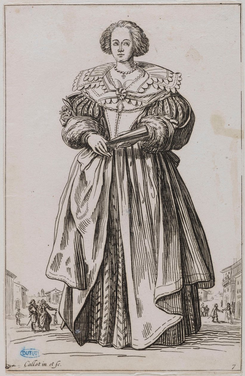 A nemesség, A legyezős hölgy. Egy 12 darabos sorozat kilencedik darabja (Lieure 557, Meaune 683) alkotó: Jacques Callot