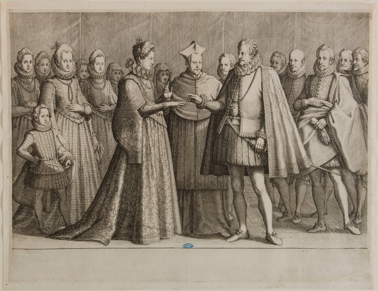 I. Ferdinánd de Médicis élete, I. Ferdinánd házassága. Egy 16 befejezett darabból és 2 kiegészítő darabból álló sorozat első része (Lieure 147, Meaume 534) alkotó: Jacques Callot