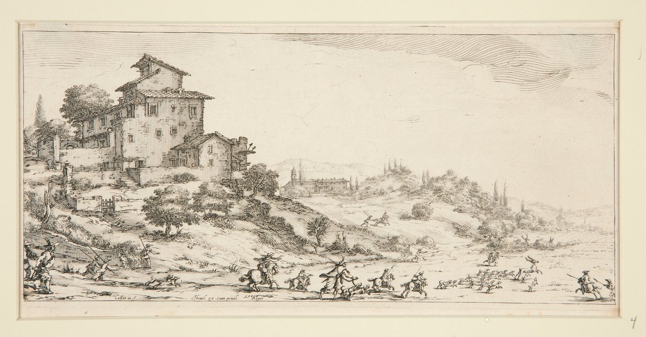 La chasse au cerf (Szarvasvadászat a kastély közelében), Giovanni de Medici tájképeiből alkotó: Jacques Callot