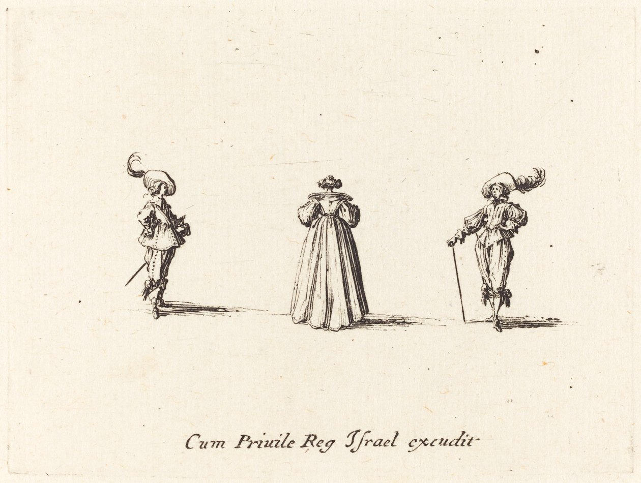 Hátulról látott hölgy és két úriember alkotó: Jacques Callot
