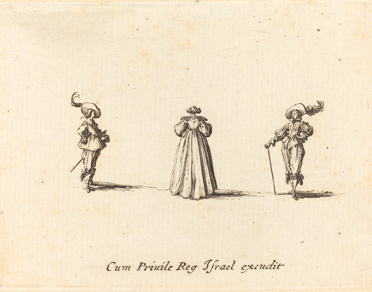 Hátulról látott hölgy és két úriember alkotó: Jacques Callot