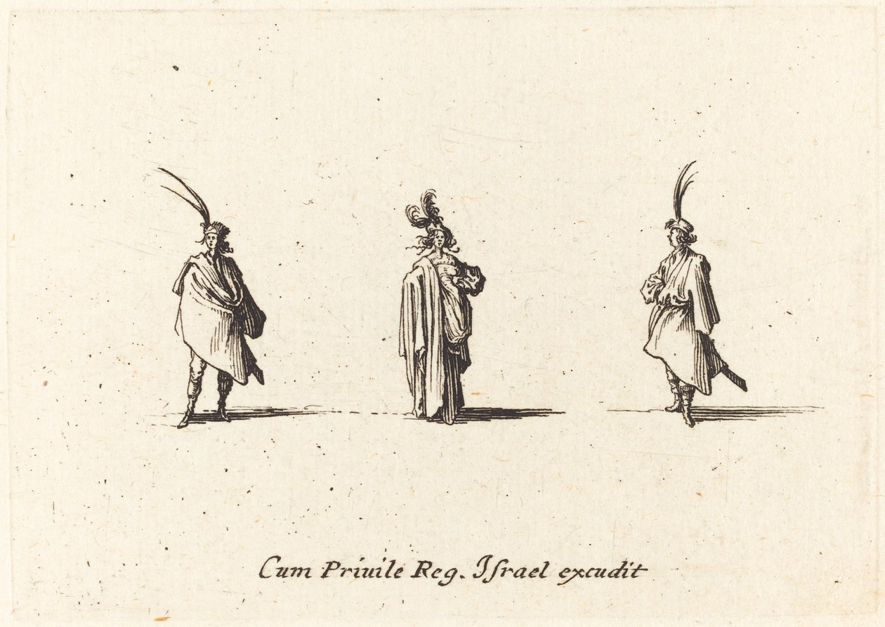 Hosszú köpenyes hölgy és két úriember alkotó: Jacques Callot
