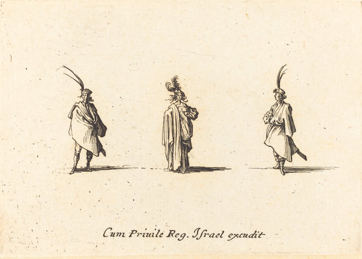 Hosszú köpenyes hölgy és két úriember alkotó: Jacques Callot