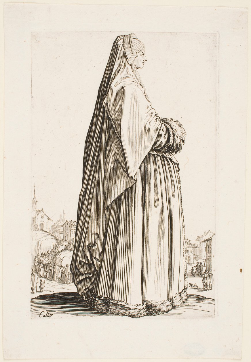 Hölgy hosszú fátyolban és szőrmével szegett ruhában, a „Lotharingiai nemesség” sorozatból alkotó: Jacques Callot