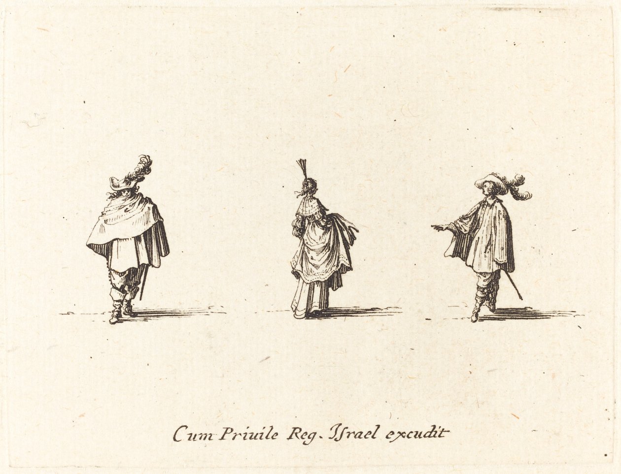 Ruhás hölgy összegyűlt, és két úriember alkotó: Jacques Callot