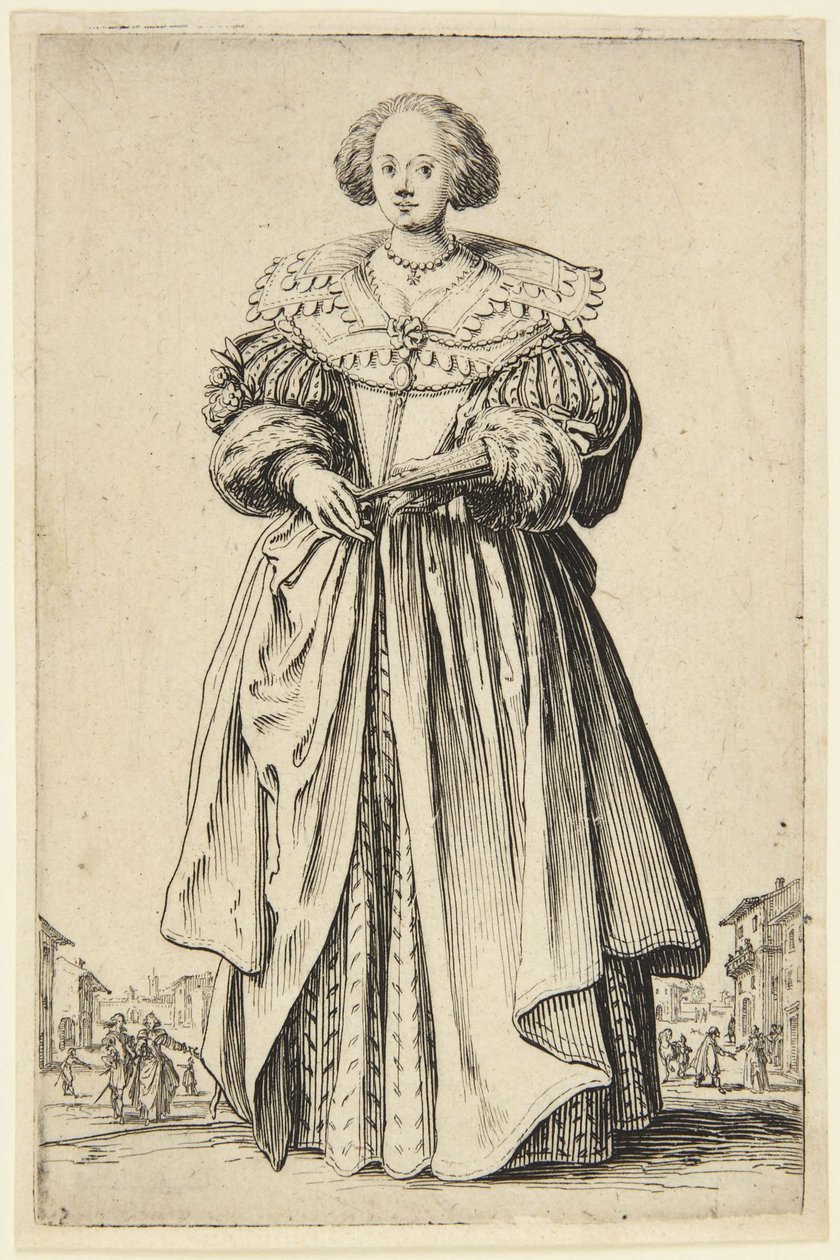 Hölgy legyezővel alkotó: Jacques Callot