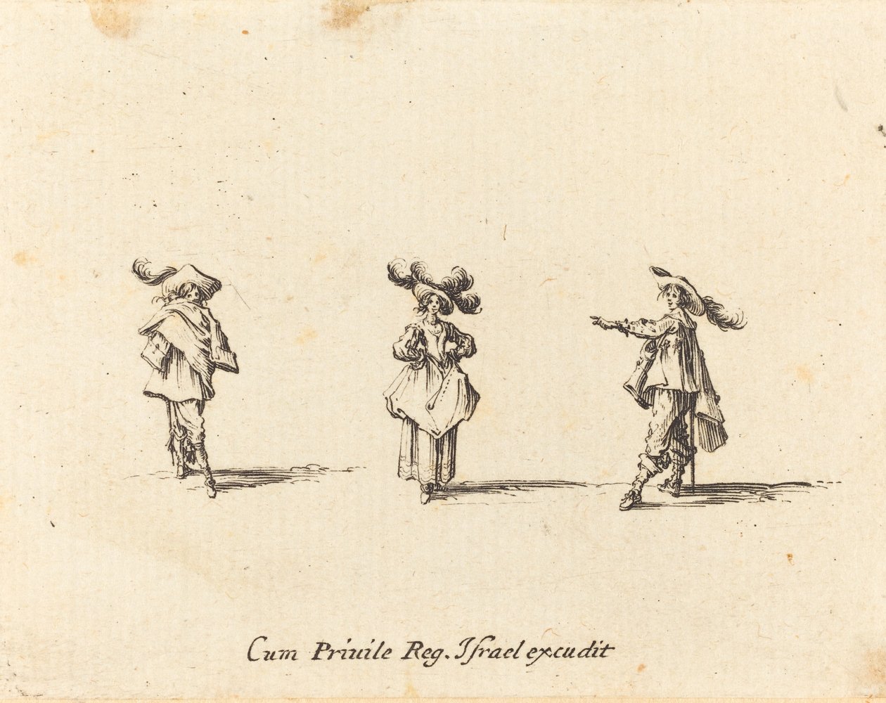 Hölgy nagy tollakkal és két úriember alkotó: Jacques Callot