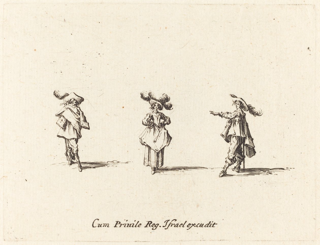 Hölgy nagy tollakkal és két úriember alkotó: Jacques Callot