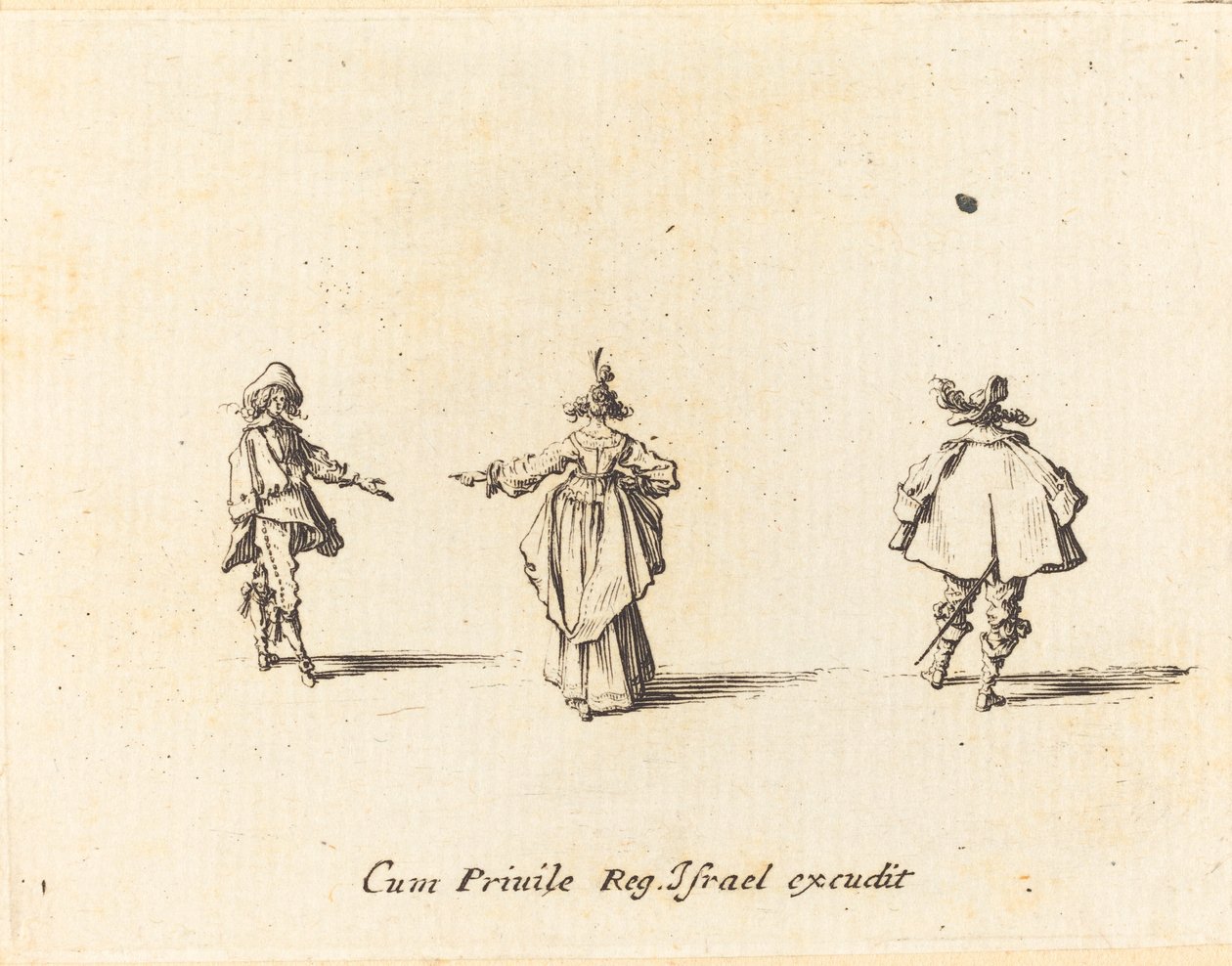 Kinyújtott karú hölgy, hátulról nézve és két úriember alkotó: Jacques Callot