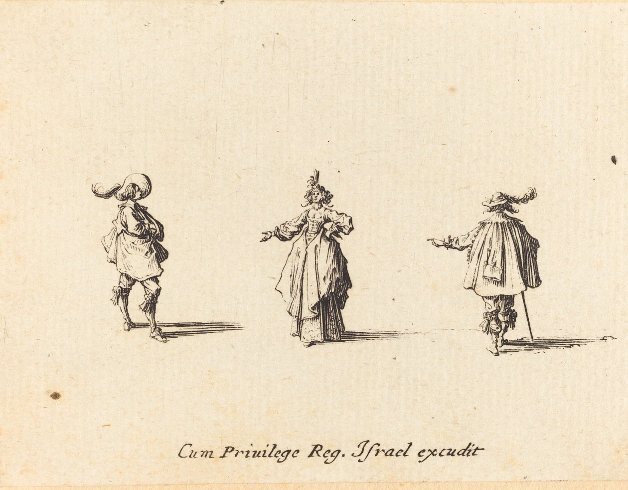 Kinyújtott karú hölgy és két úriember alkotó: Jacques Callot
