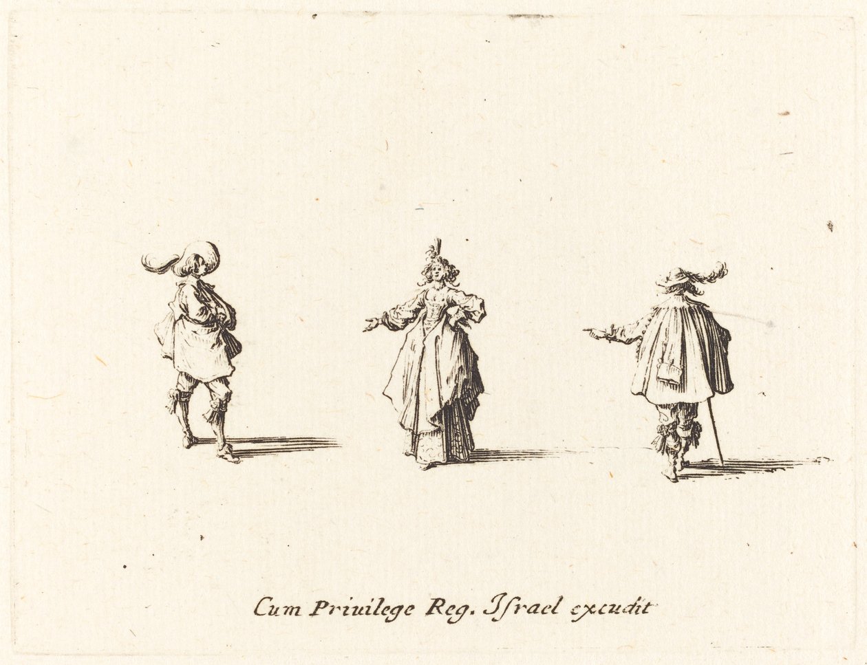 Kinyújtott karú hölgy és két úriember, valószínűleg 1634-ben. alkotó: Jacques Callot