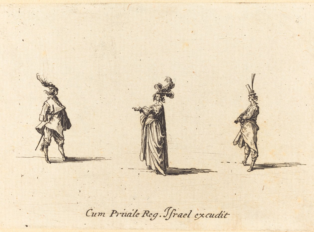 Tollaskalapos hölgy és két úriember alkotó: Jacques Callot