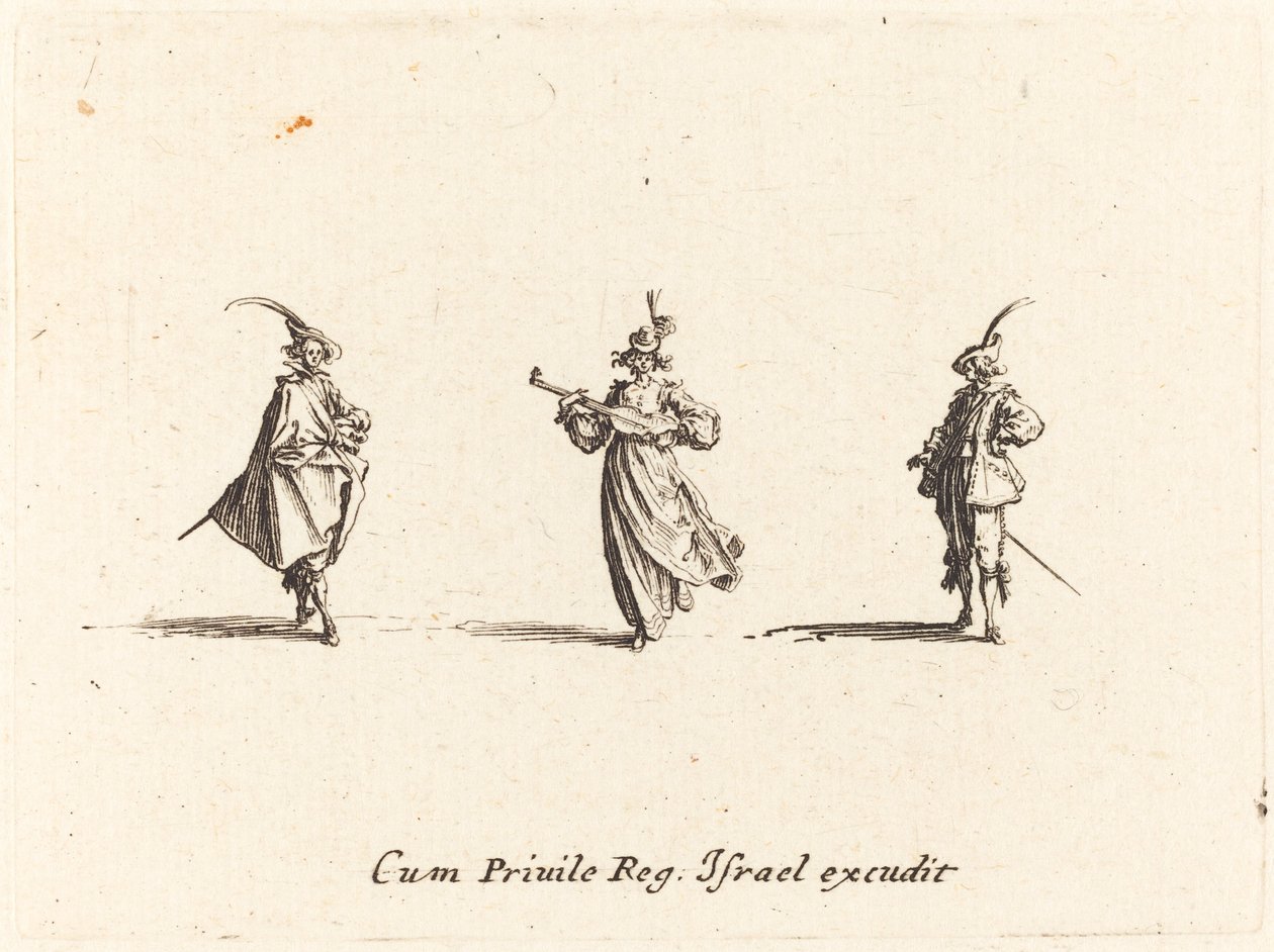 Hölgy vonós hangszerrel és két úriember alkotó: Jacques Callot