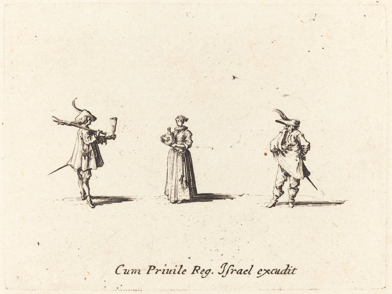 Hölgy borosüveggel és két úriember, valószínűleg 1634. alkotó: Jacques Callot