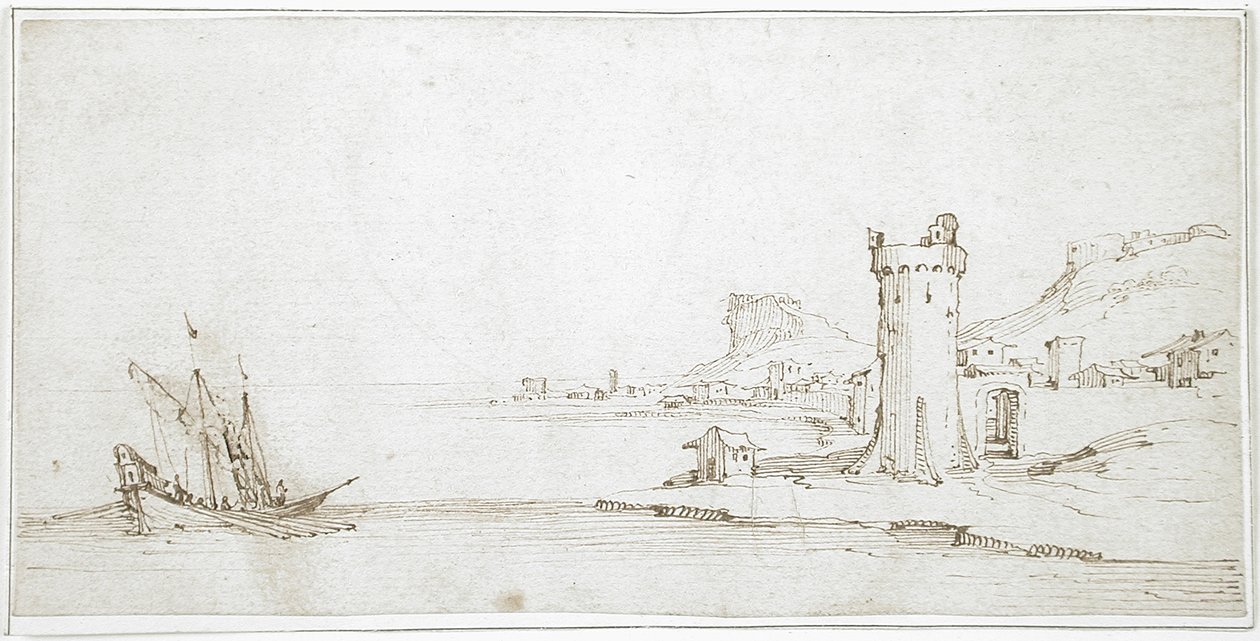 Táj toronnyal és csónakkal alkotó: Jacques Callot