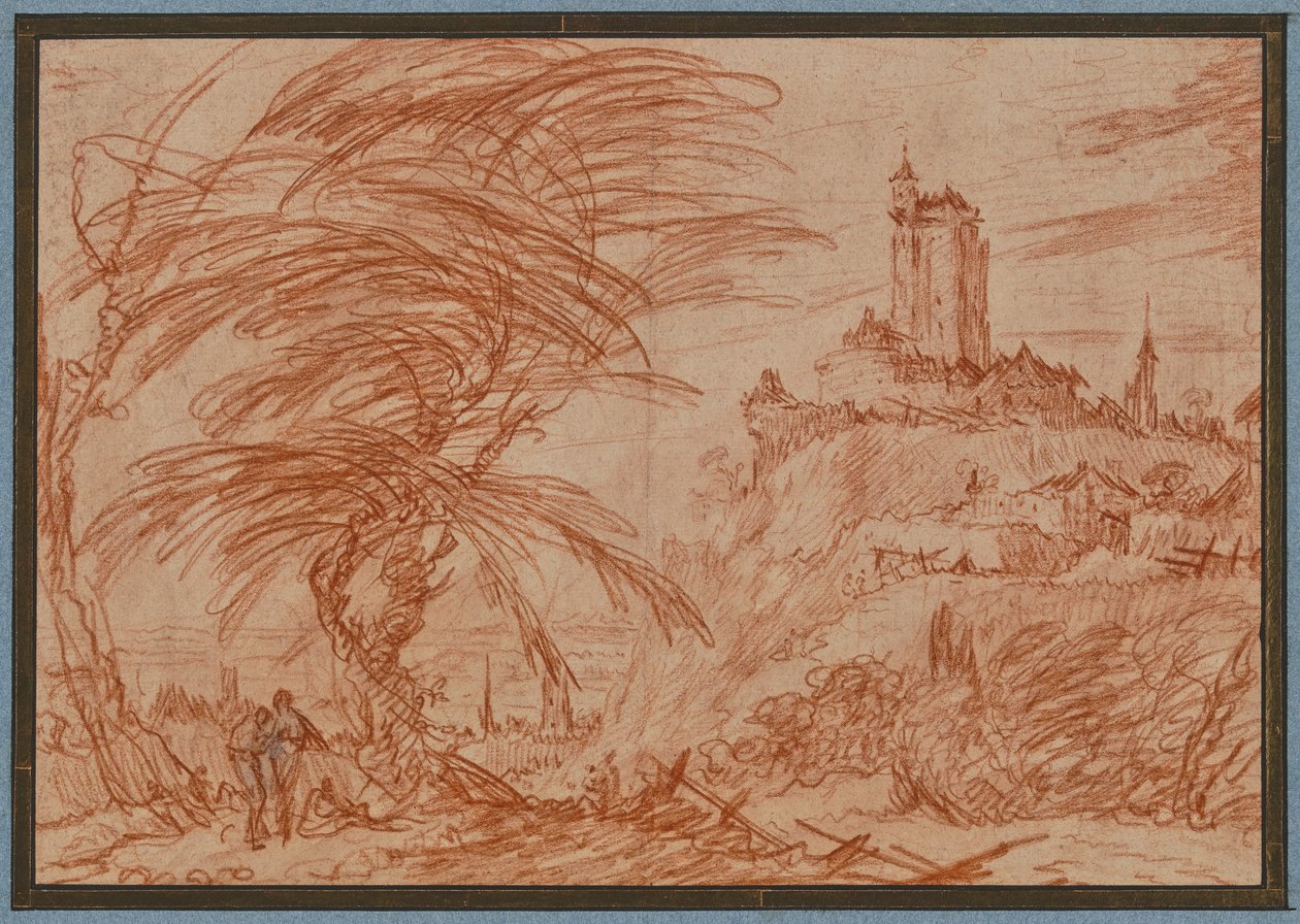 Landschaft, rechts auf einem Hügel ein großer Turm, links eine Baumgruppe und einige Figuren alkotó: Jacques Callot