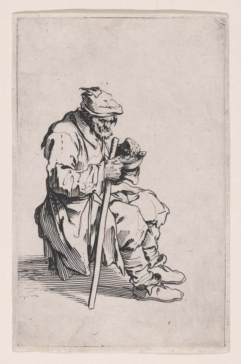 Az ülő és evő koldus, a „Les Gueux, suite appelée aussi Les Mendiants, Les Baroni, ou Les Barons” című sorozatból alkotó: Jacques Callot