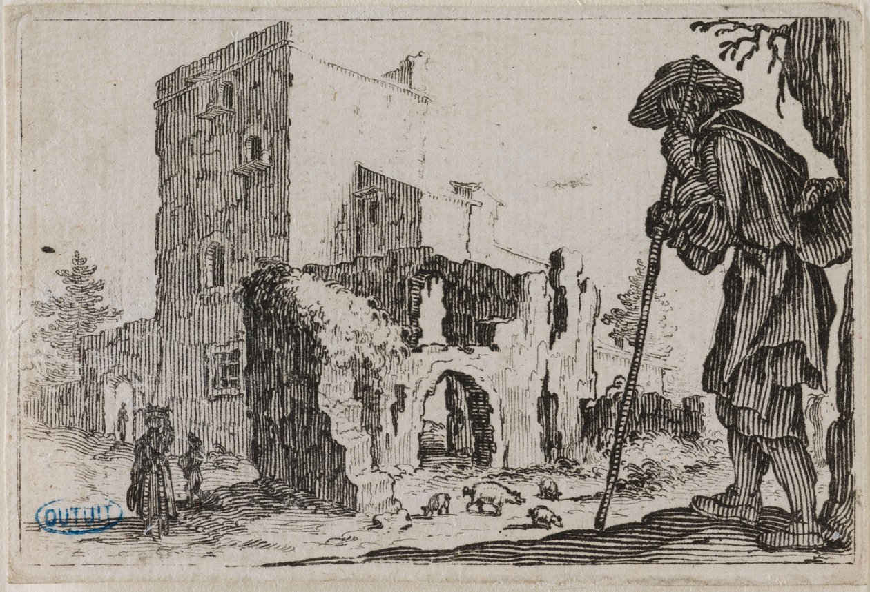 Szeszélyek, A pásztor és a romok. A Nancyban metszett 50 lapból álló sorozat ötödik száma (Lieure 432, Meaume 777) alkotó: Jacques Callot
