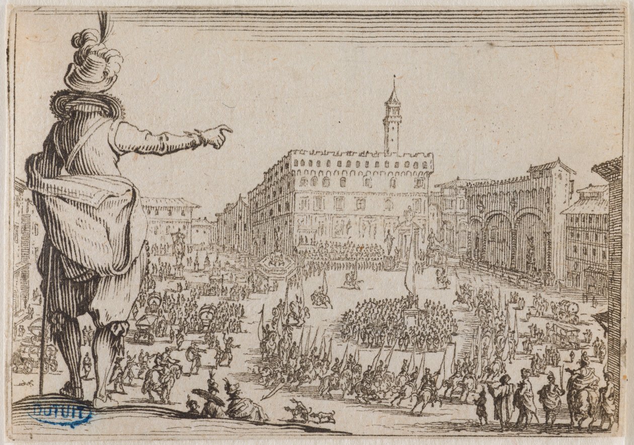 Szeszélyek, Ünnepség Firenze Piazza della Signoria terén. Az Nancyban metszett 50 lapból álló sorozat negyvenhatodik száma (Lieure 473, Meaume 859) alkotó: Jacques Callot
