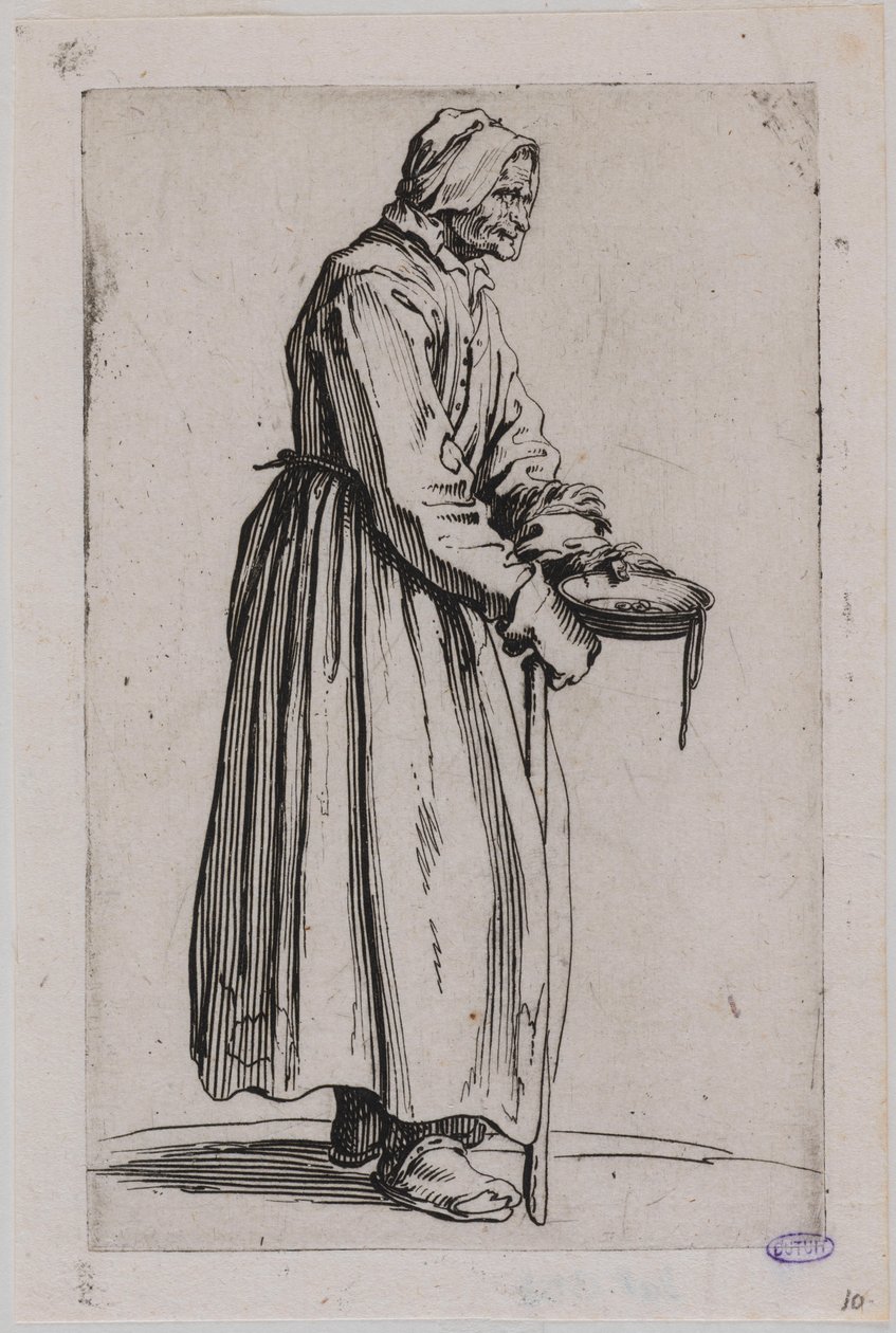 A koldusok, A kolduló asszony a koldulóedénnyel. Egy 25 darabos sorozat huszadik darabja (Lieure 498, Meaume 704) alkotó: Jacques Callot