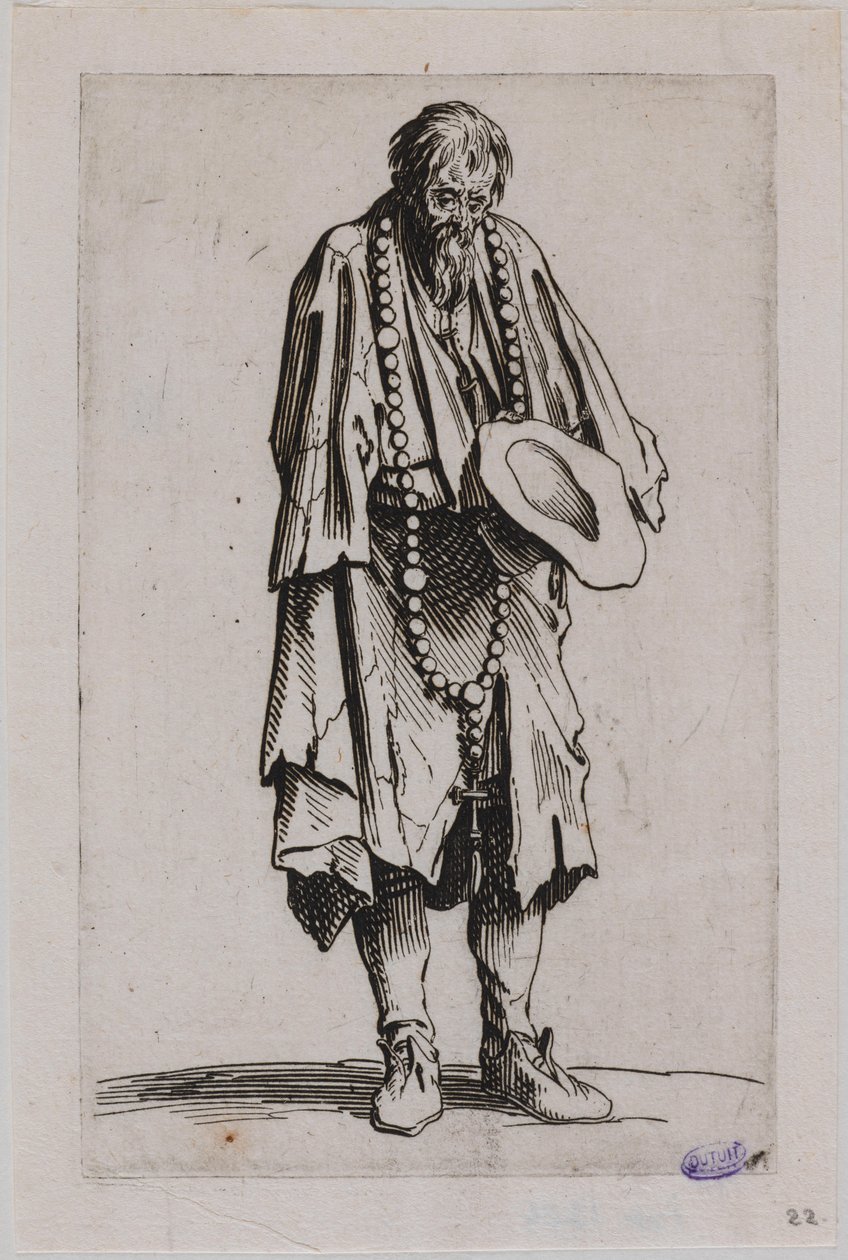 A koldusok, A rózsafüzért imádkozó koldus. Egy 25 darabos sorozat tizenegyedik darabja (Lieure 489, Meaume 695) alkotó: Jacques Callot