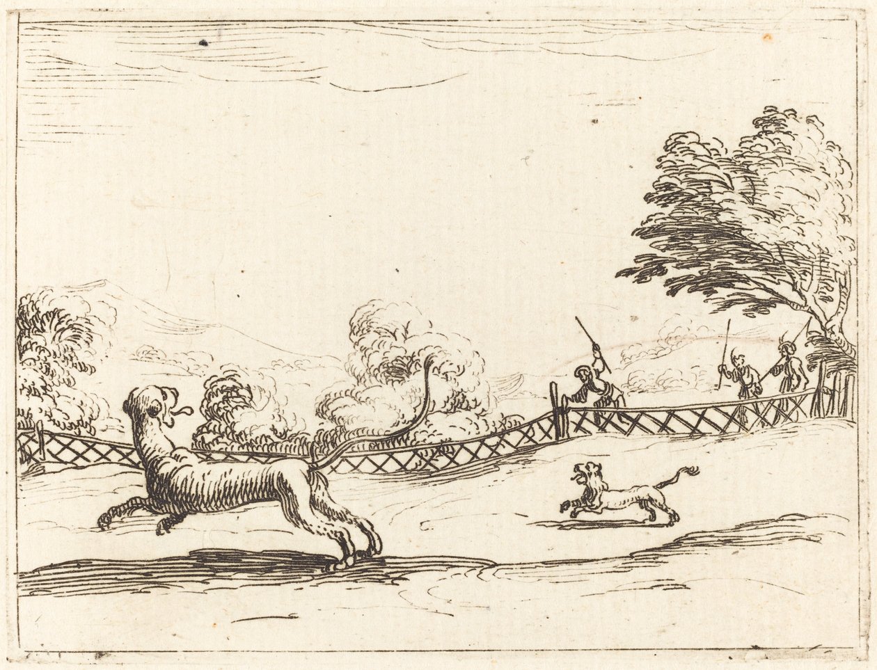 Az oroszlán és a kölyök vadászok üldözik alkotó: Jacques Callot