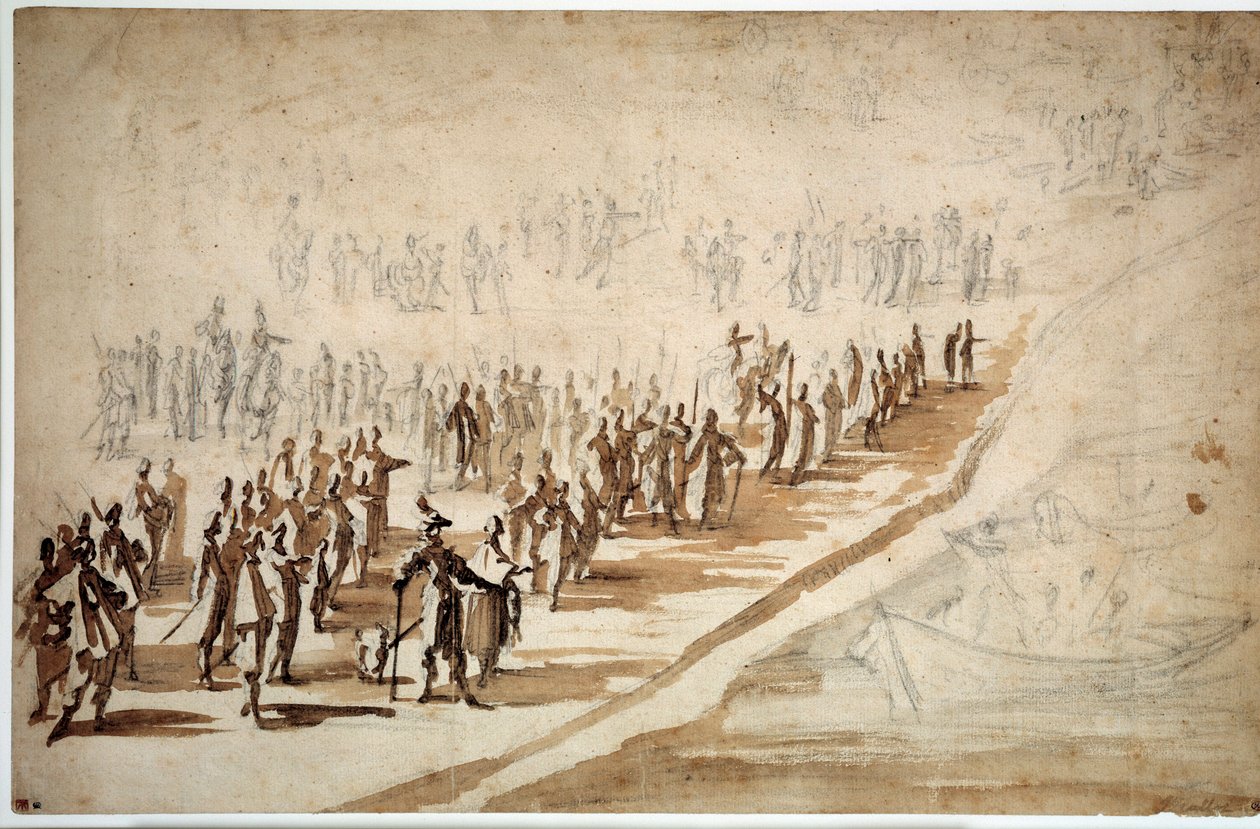 XIII. Lajos (1601-1643) és Richelieu (1585-1642) a Ré-sziget csapatainak osztályán jártak. Jacques Callot rajza (1592-1635) alkotó: Jacques Callot