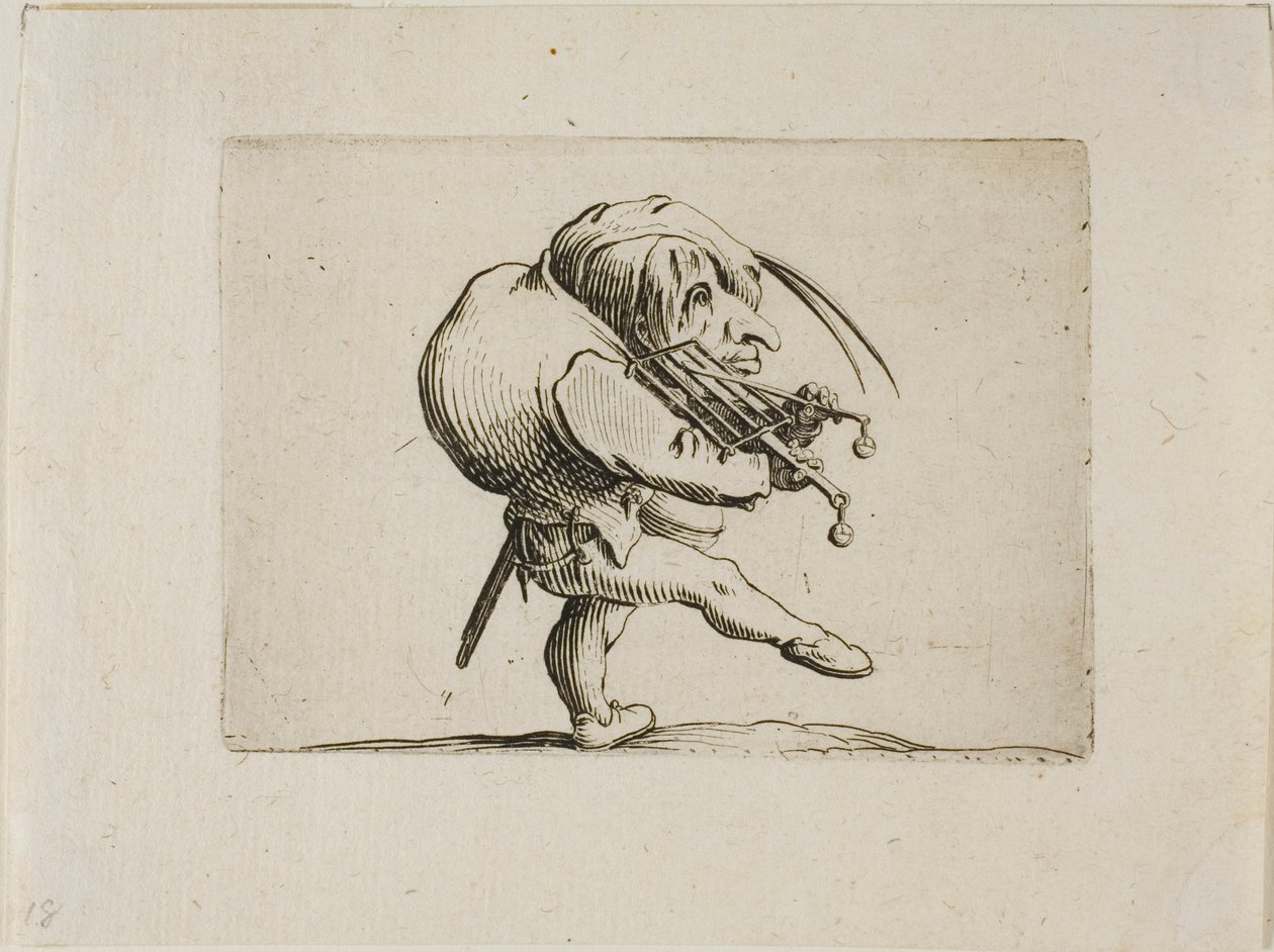 Grillezőn játszó férfi hegedűként, a Varie Figure Gobbitól alkotó: Jacques Callot