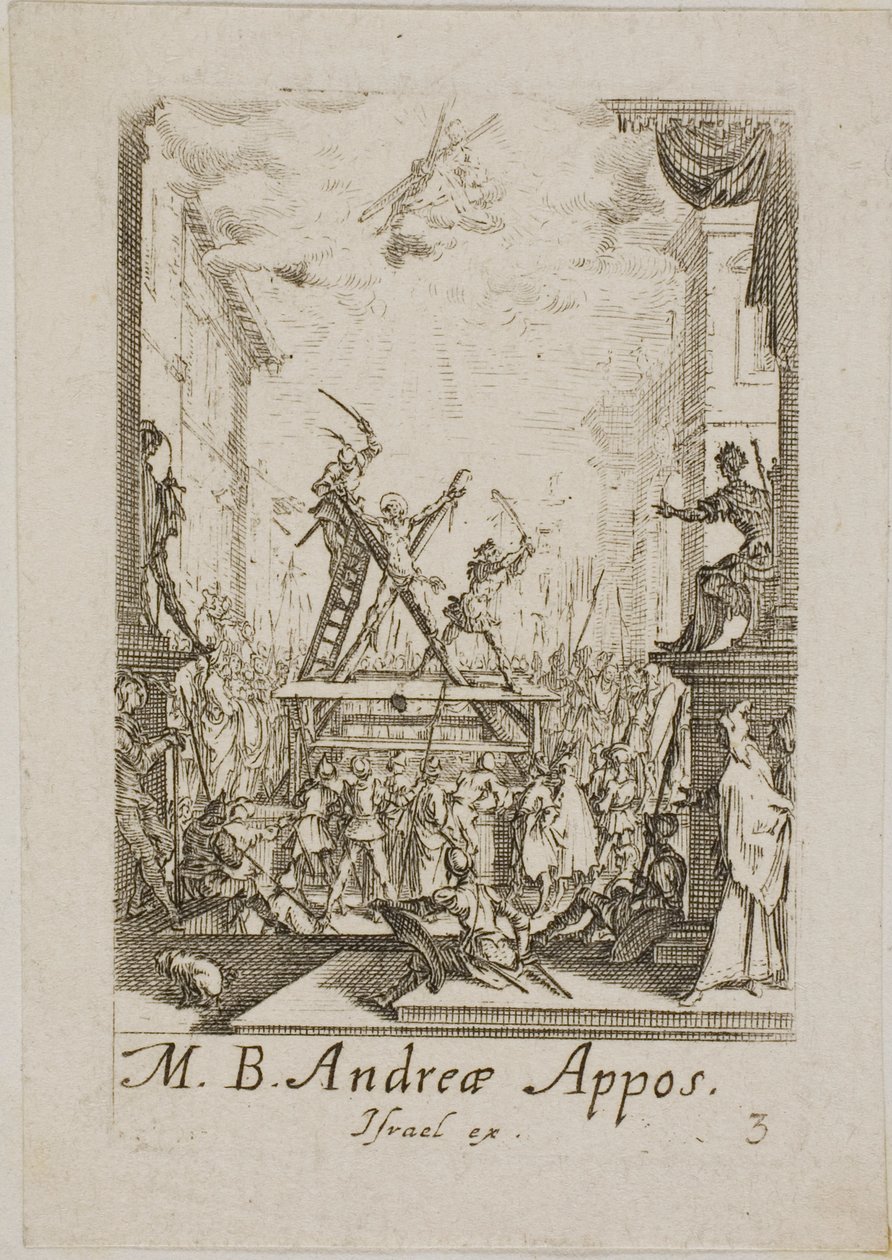 Szent András mártíromsága, harmadik tábla az Apostolok mártíromsága című könyvből. alkotó: Jacques Callot