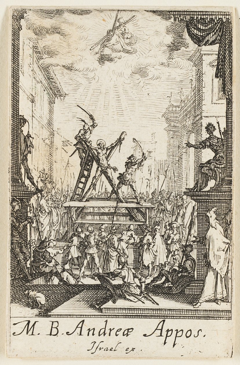 Szent András mártíromsága, harmadik tábla az Apostolok mártíromsága című könyvből. alkotó: Jacques Callot