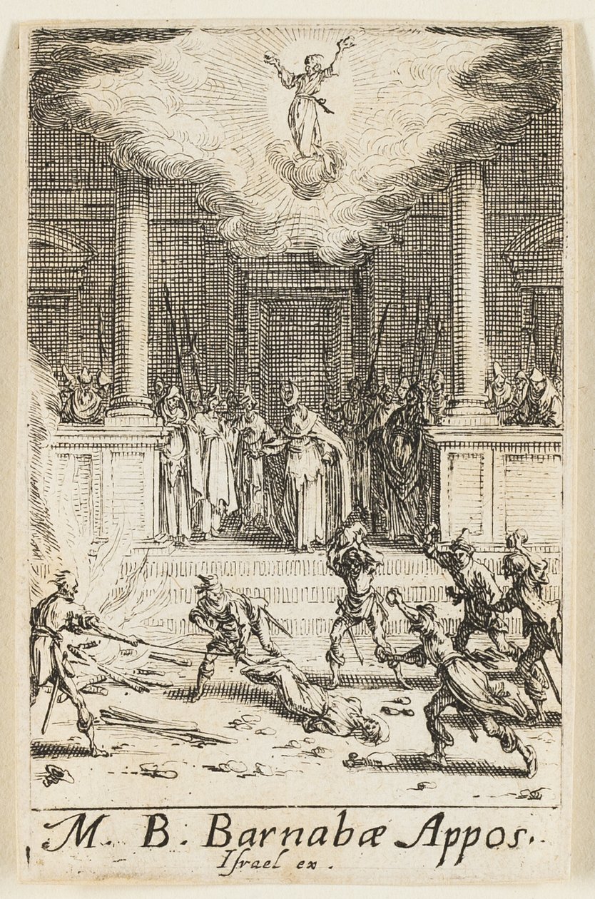 Szent Barnabás mártíromsága, tizenötödik tábla az Apostolok mártíromsága című kötetből. alkotó: Jacques Callot