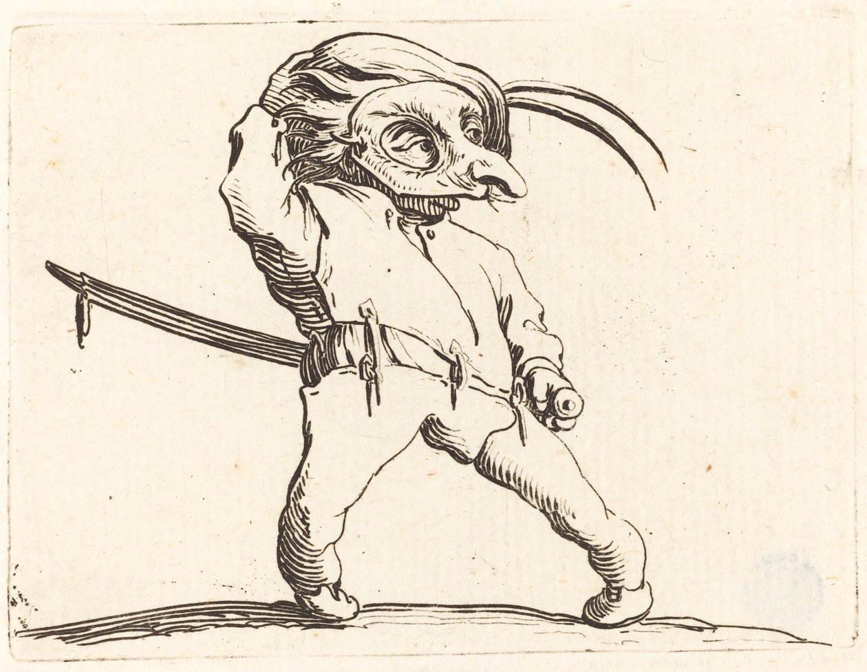 Álarcos férfi csavart lábbal, c. 1622. alkotó: Jacques Callot