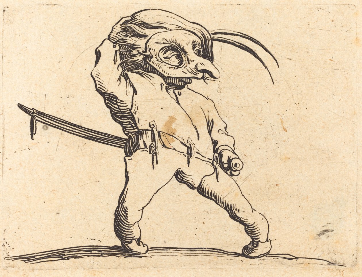 Álarcos férfi csavart lábbal, c. 1622. alkotó: Jacques Callot