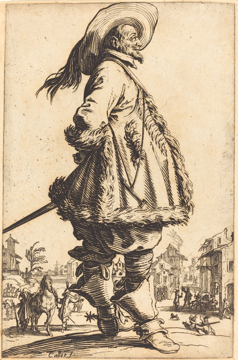 Nemes férfi bundával nyírt köpennyel, kezét a háta mögött tartja alkotó: Jacques Callot