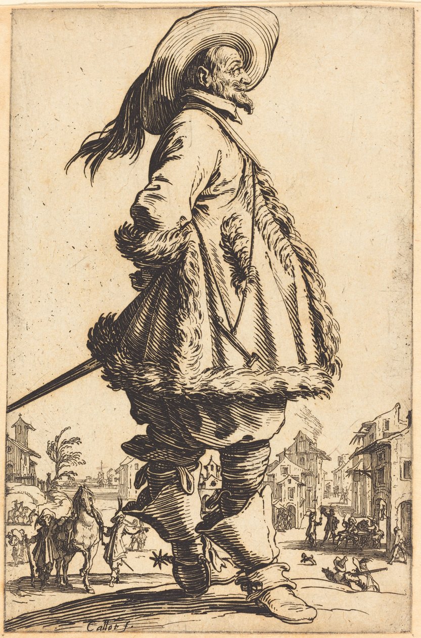 Prémmel szegett köpenyt viselő nemesember, kezét a háta mögött tartva alkotó: Jacques Callot