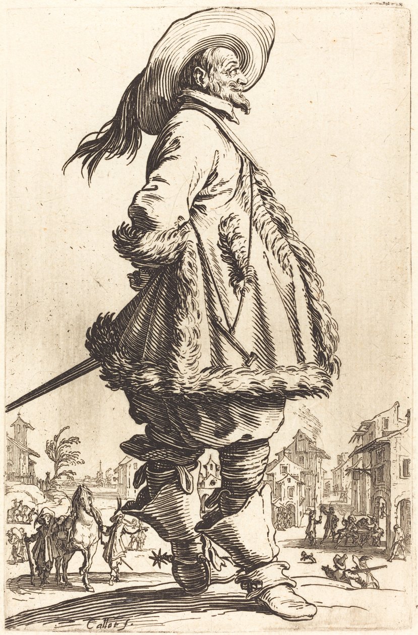 Nemes férfi bundában nyírt köpennyel, kezét a háta mögött tartja, c. 16201623. alkotó: Jacques Callot