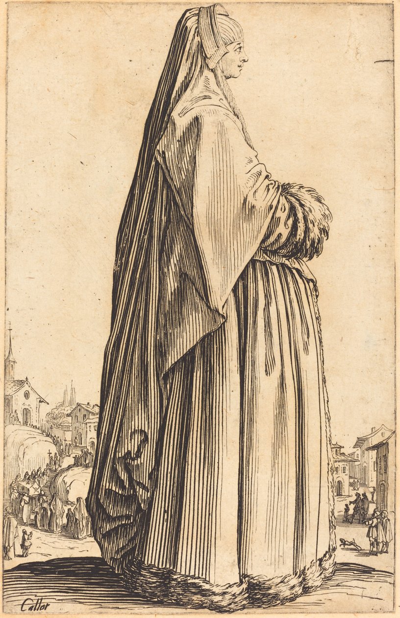 Nemes nő fátylat és szőrmével szegett ruhát visel alkotó: Jacques Callot
