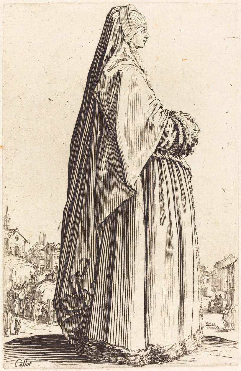 Nemes nő fátylat és szőrmével szegett ruhát visel alkotó: Jacques Callot