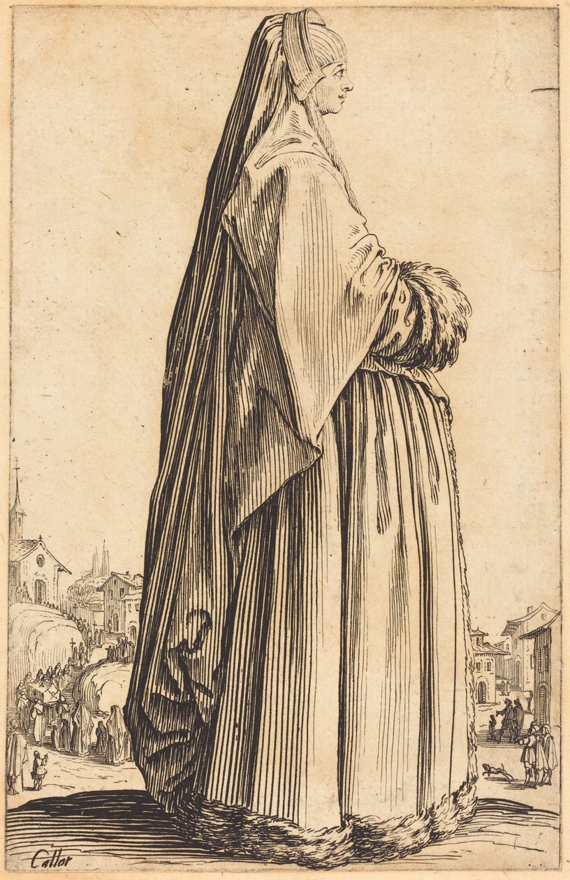 Előkelő nő fátyollal és prémmel szegélyezett ruhában alkotó: Jacques Callot