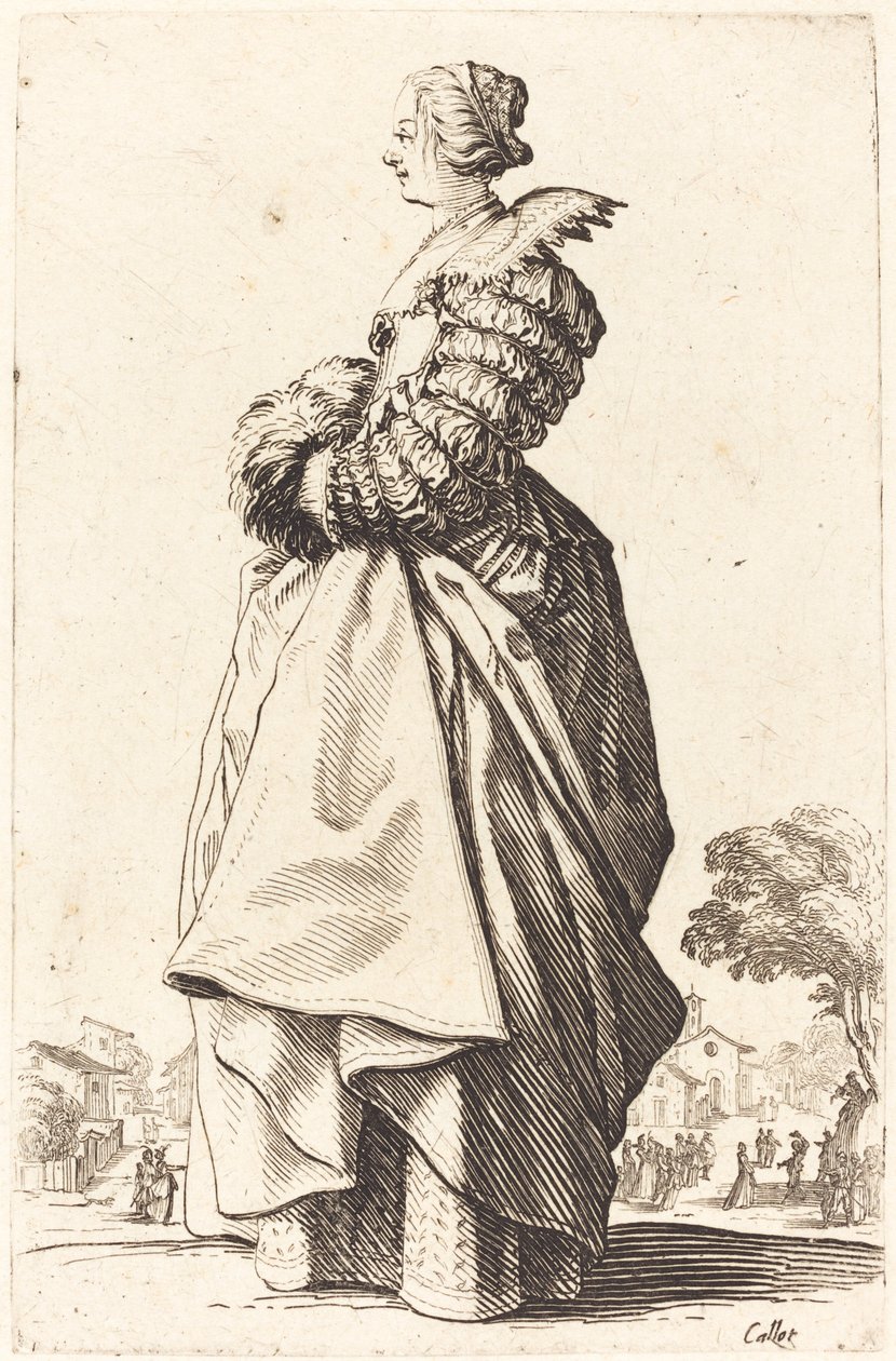 Nemes nő profilban, kezével egy muffban alkotó: Jacques Callot