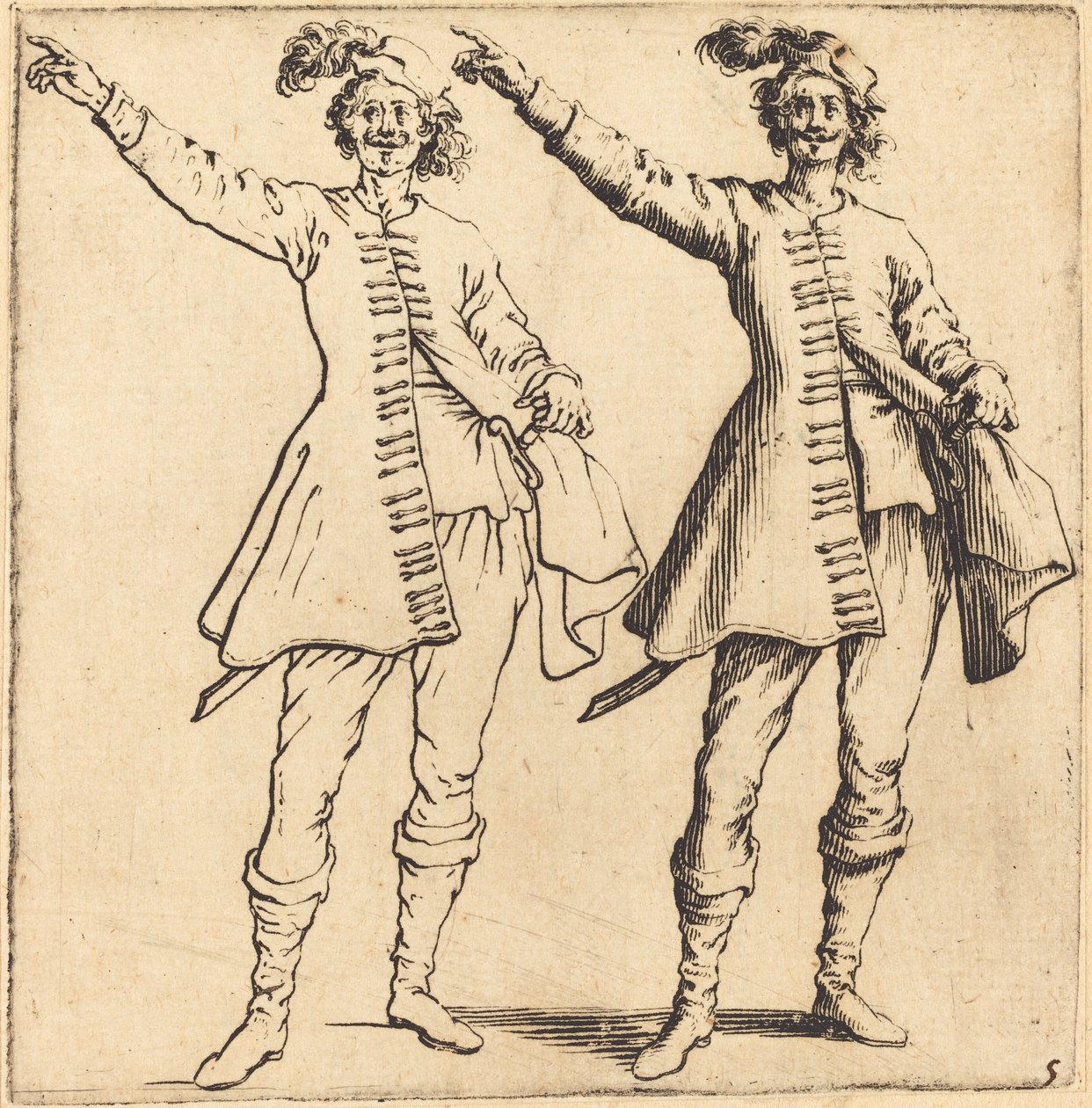 Tiszt, kinyújtott karral, elölnézet alkotó: Jacques Callot