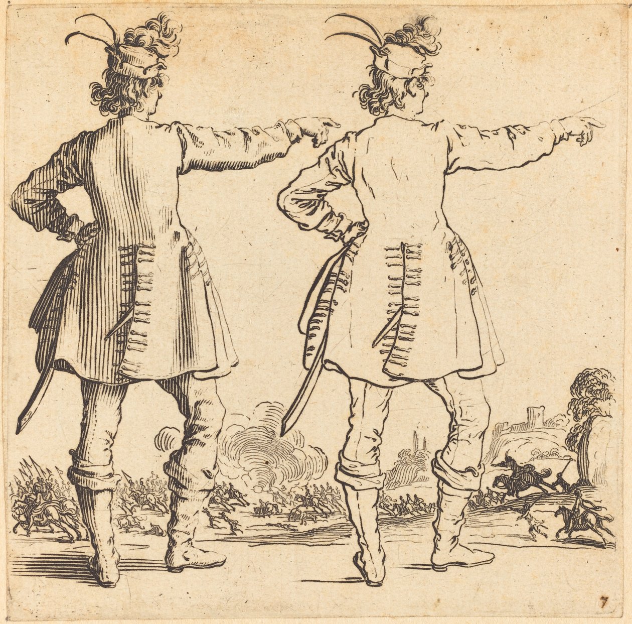 Tiszt tollas sapkában, hátulról nézve alkotó: Jacques Callot