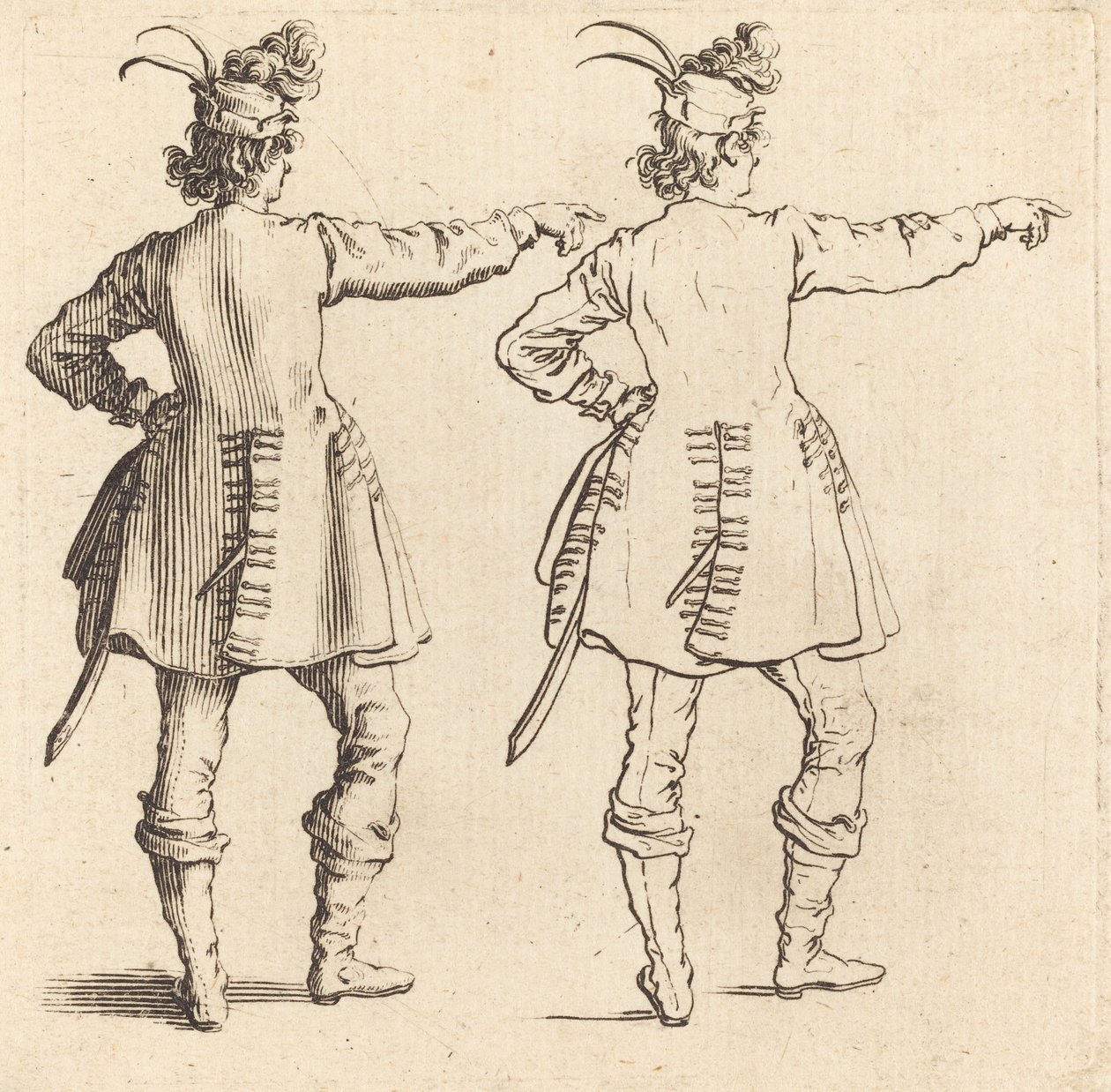 Tiszt tollas sapkában, hátulról nézve alkotó: Jacques Callot