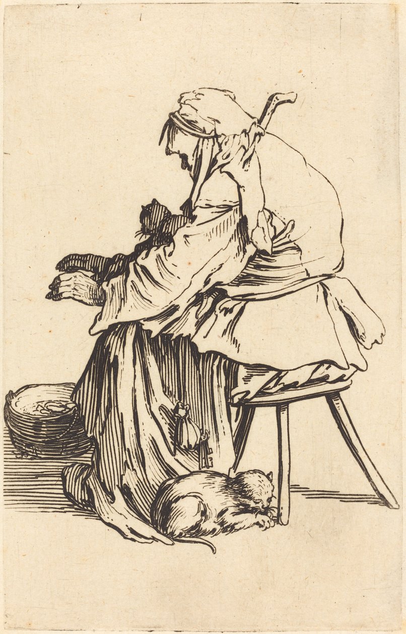 Vénasszony macskákkal, c. 1622. alkotó: Jacques Callot