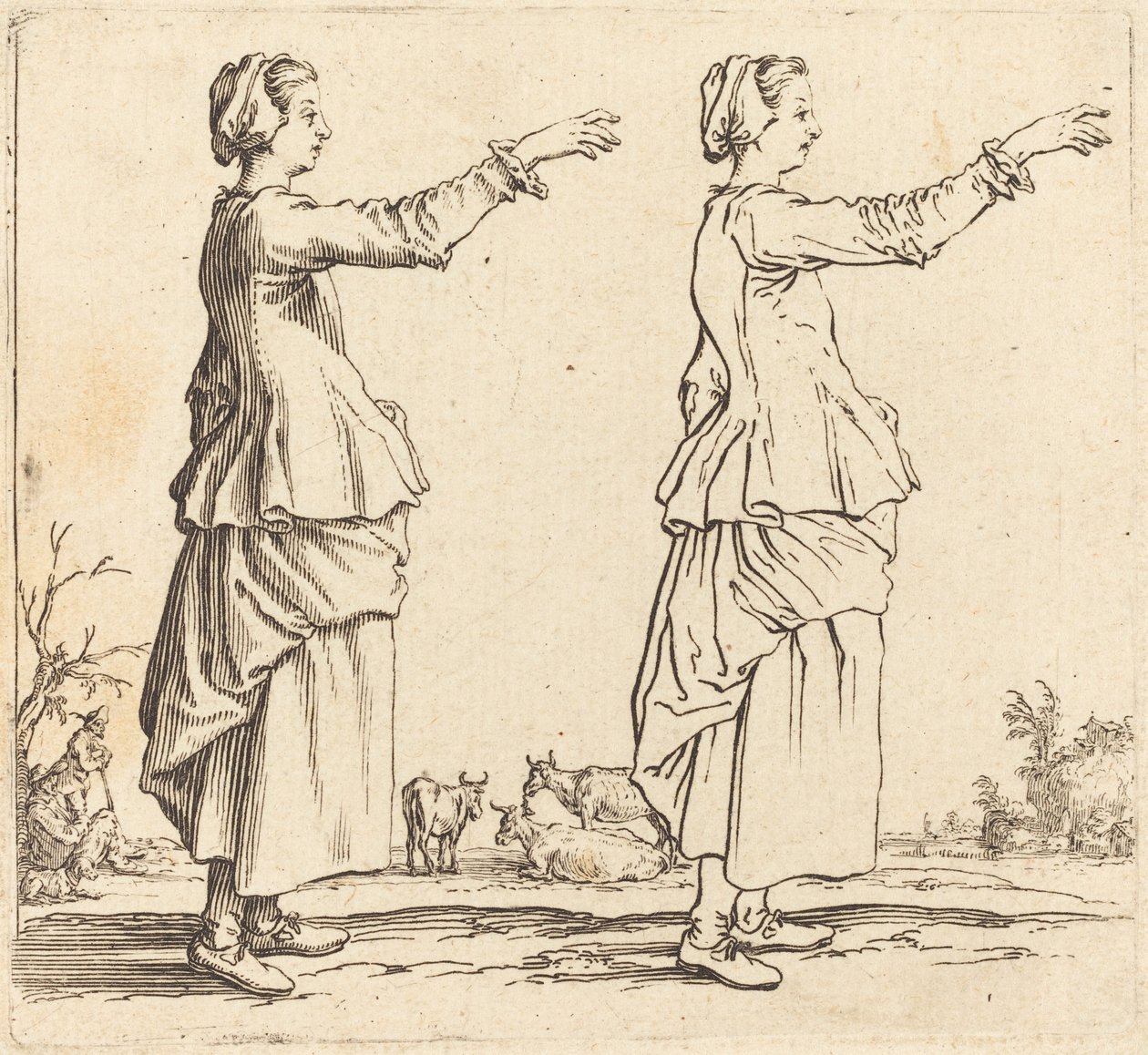 Parasztasszony, profilban, jobbra fordítva, kinyújtott karral alkotó: Jacques Callot
