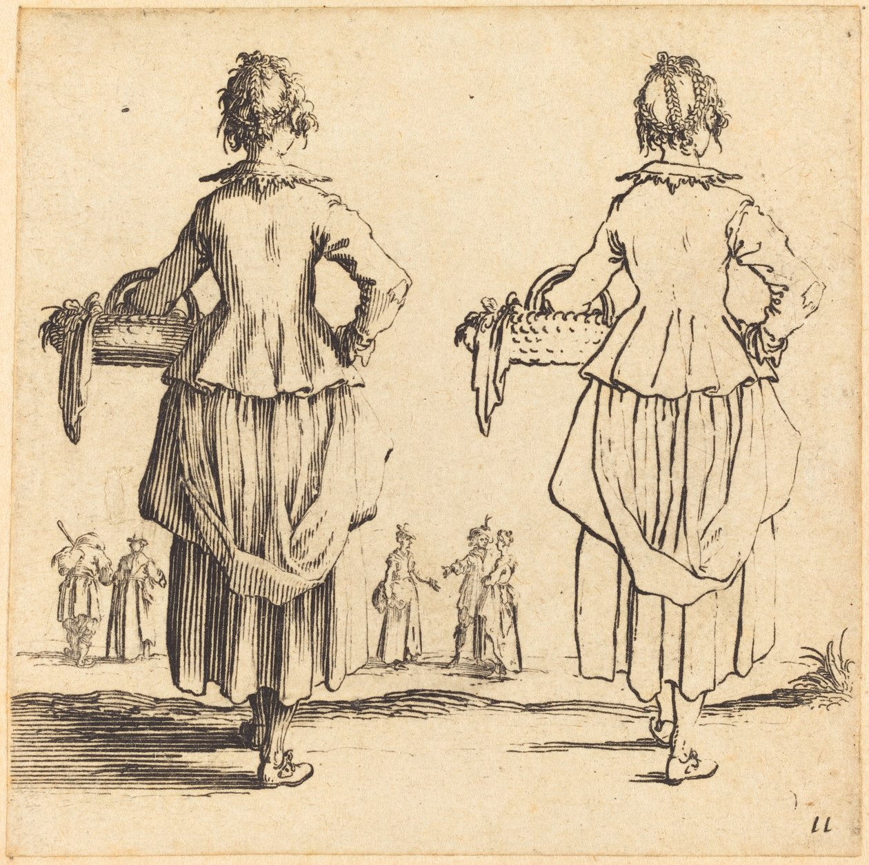 Parasztasszony kosárral, hátulról nézve alkotó: Jacques Callot