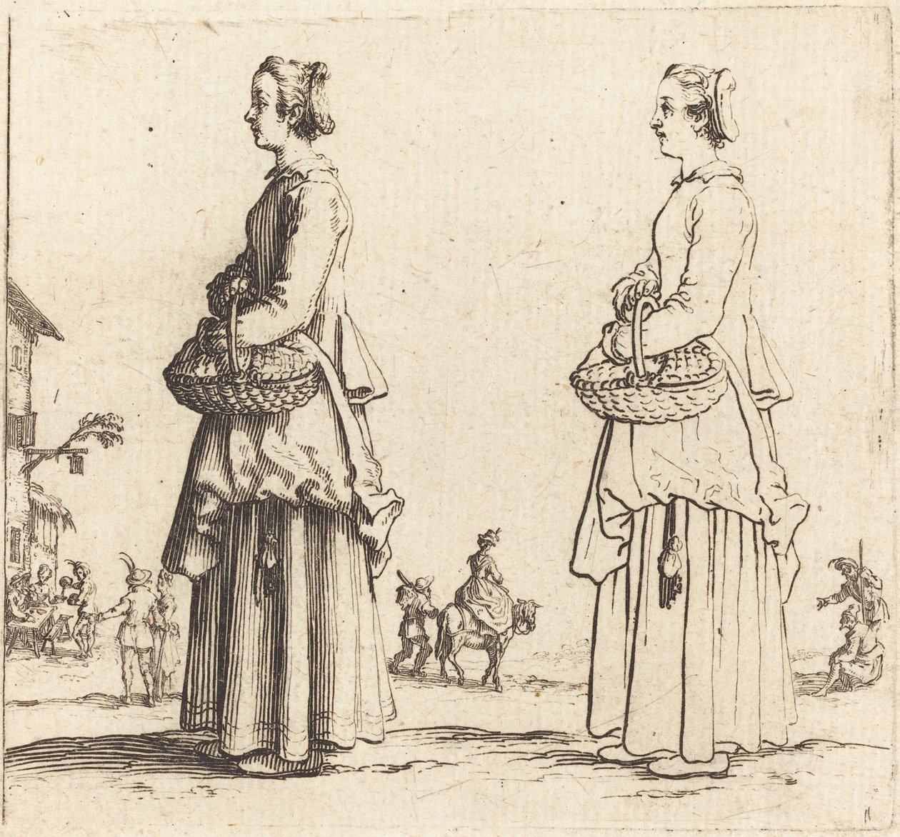 Parasztasszony kosárral, profilban, balra néz, 1617 és 1621. alkotó: Jacques Callot